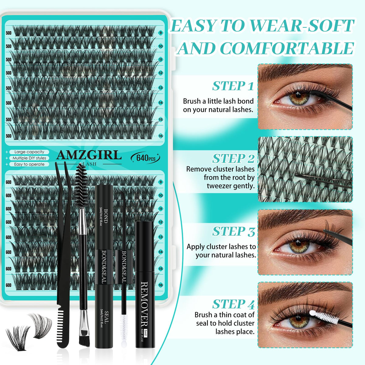 AMZGIRL Lash Clusters Kit 640Pcs, 9-16mm Mix Lashes, 30D+40D+50D+60D