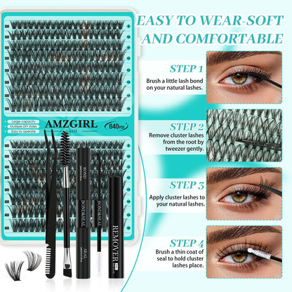 AMZGIRL Lash Clusters Kit 640Pcs, 9-16mm Mix Lashes, 30D+40D+50D+60D