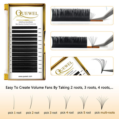 QUEWEL Easy Fan Lash Extensions 0.07mm D Curl Eyelash Extensions 8-15mm