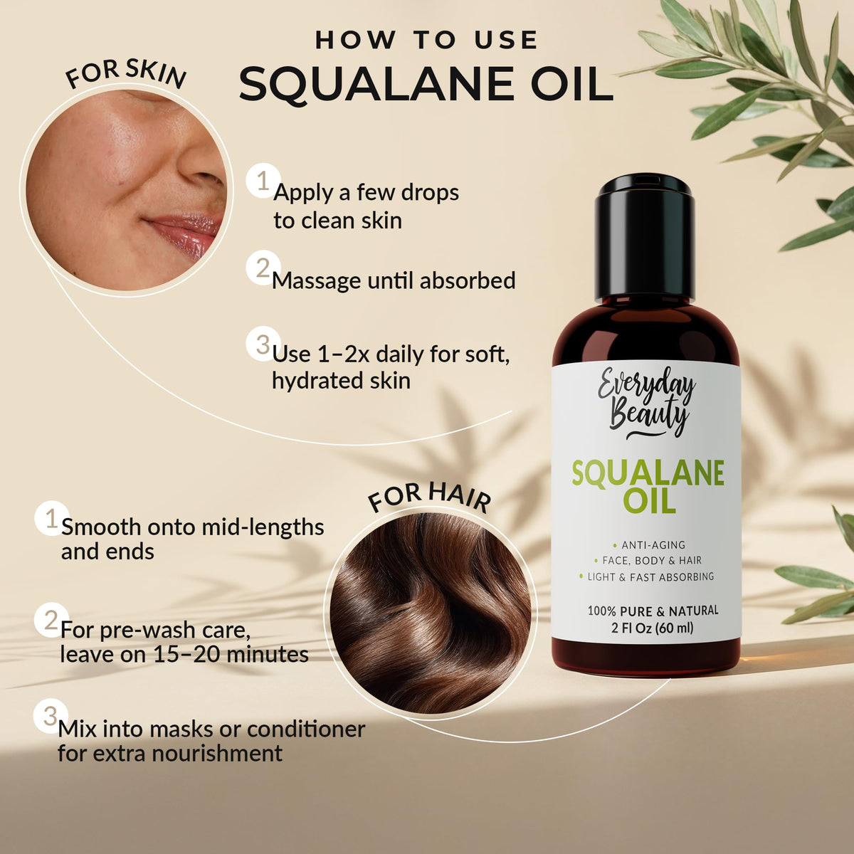 Squalane Oil - 100% Pure & Natural Plant Derived Facial Oil 2 Fl Oz - Cold Pressed and Unrefined Premium Grade Multipurpose Moisturizing Oil for Skin and Hair
