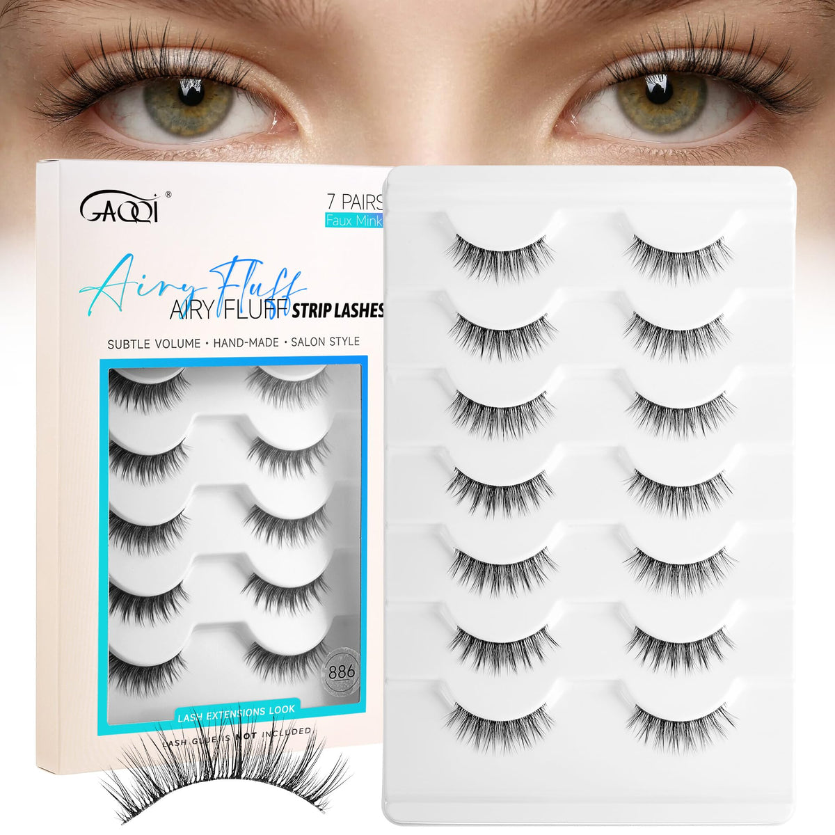 GAQQI False Eyelashes,Thin-Clear Band Natural Lashes Strips 7 Pairs,C-886