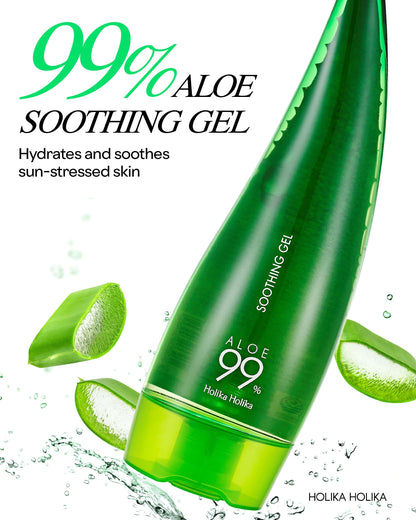 Holika Holika Aloe 99% Soothing Gel, 8.5 Ounce, 250ml - No Sticky 99% Aloe Vera Sunburn Relief - Moisturizing, Fast Absorbing for Face, Skin, Body&Hair