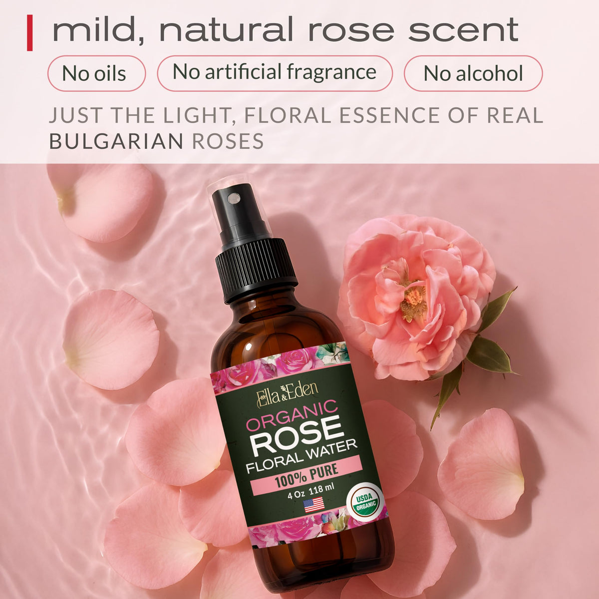 Organic Rose Water Spray for Face, USDA Certified 100% Pure, 4 Fl Oz