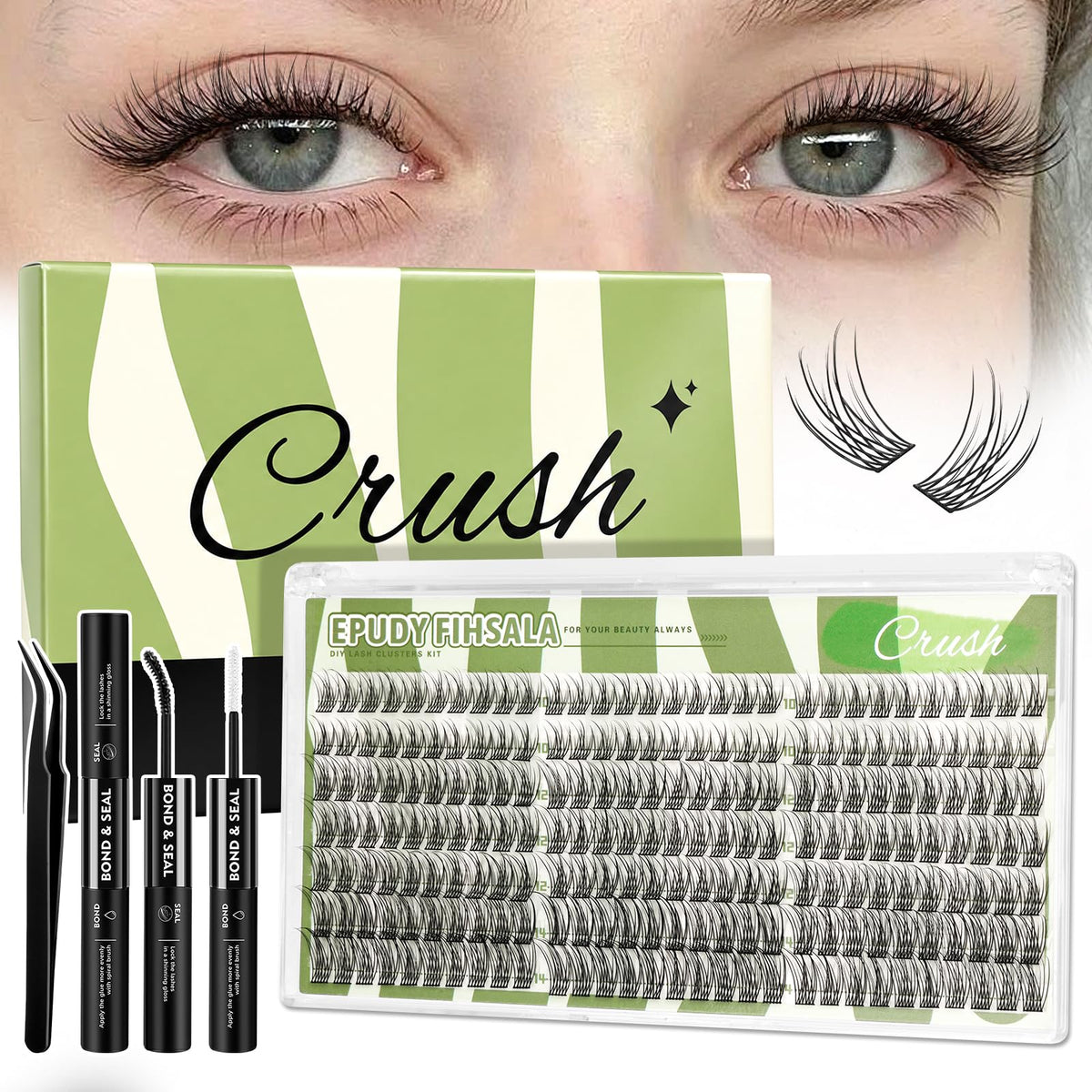 Crush Natural Wispy Lash Clusters – Soft C Curl Lash Clusters 10-14mm 210Pcs | DIY Eyelash Extension Kit with Bond & Seal Tweezers for Clean Soft Glam Look EPUDY FIHSALA