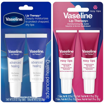Vaseline Lip Therapy Advanced Healing Lip Balm Original & Rosy Lips Twin Packs, 4 Tubes Total, 0.35 Oz Ea