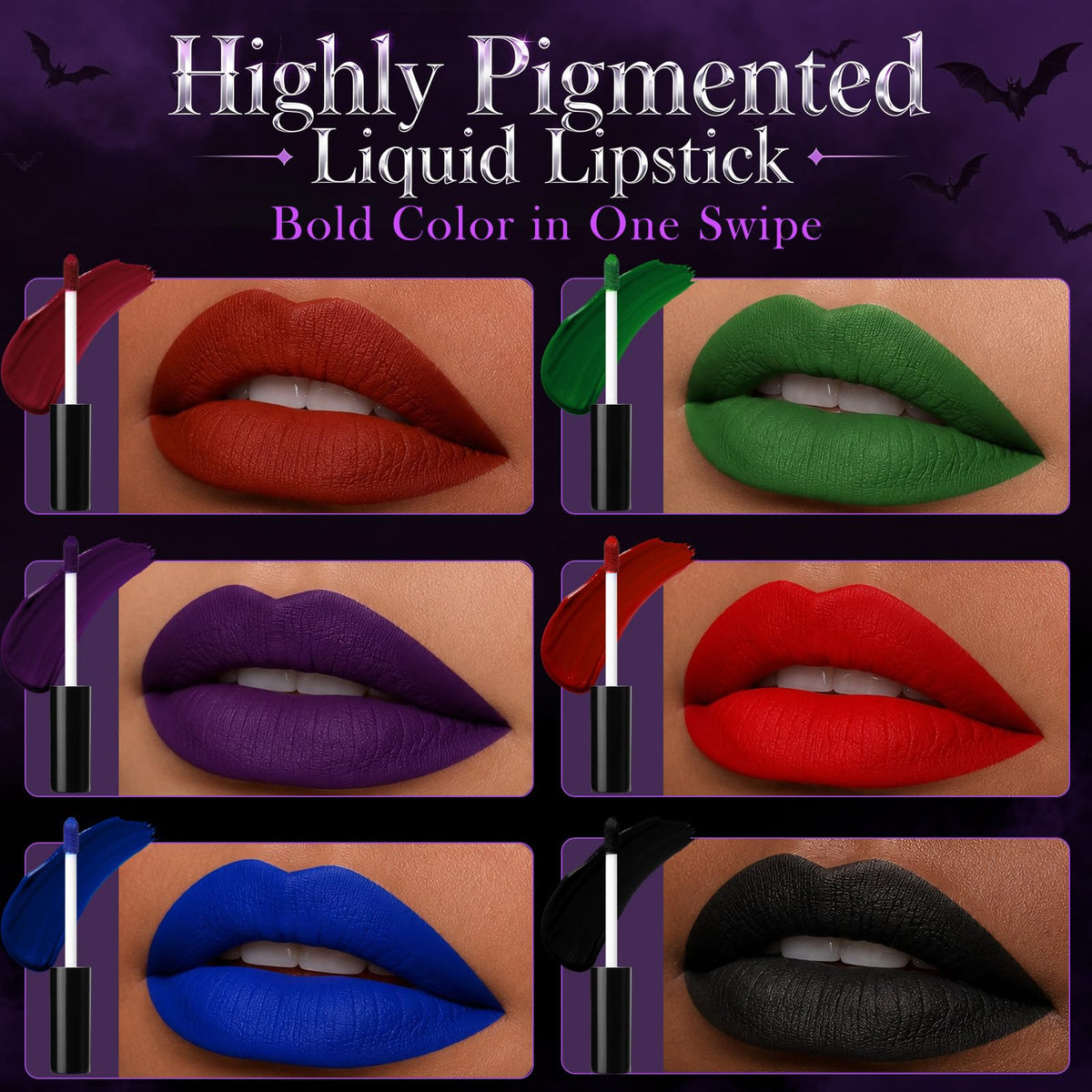 BOBISUKA 6pcs Halloween Liquid Lipstick Set, High Pigmented Bold Matte Black Blue Green Purple Red Lip Gloss Set, Waterproof Smudge-proof Lip Stain Kit for Cosplay Goth Costume Makeup