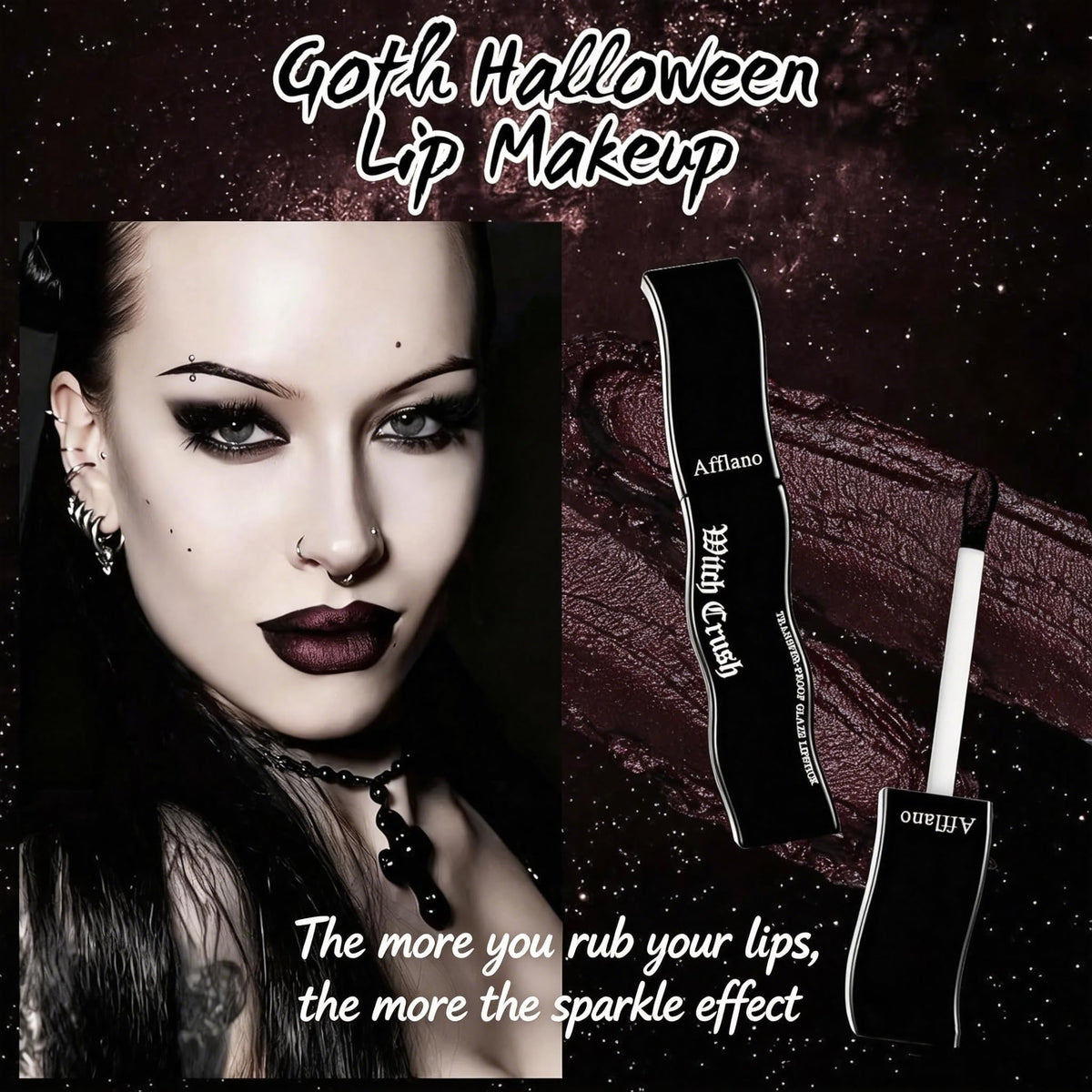 Goth Lip Gloss, Highly Pigmented Matte Burgundy Dark Lipstick with Shimmer, Silky Long Lasting Goth Makeup Shiny Lip Stain for Women, Moisturizing Lipstick for Daily, Halloween Vampire, Witch, Theater