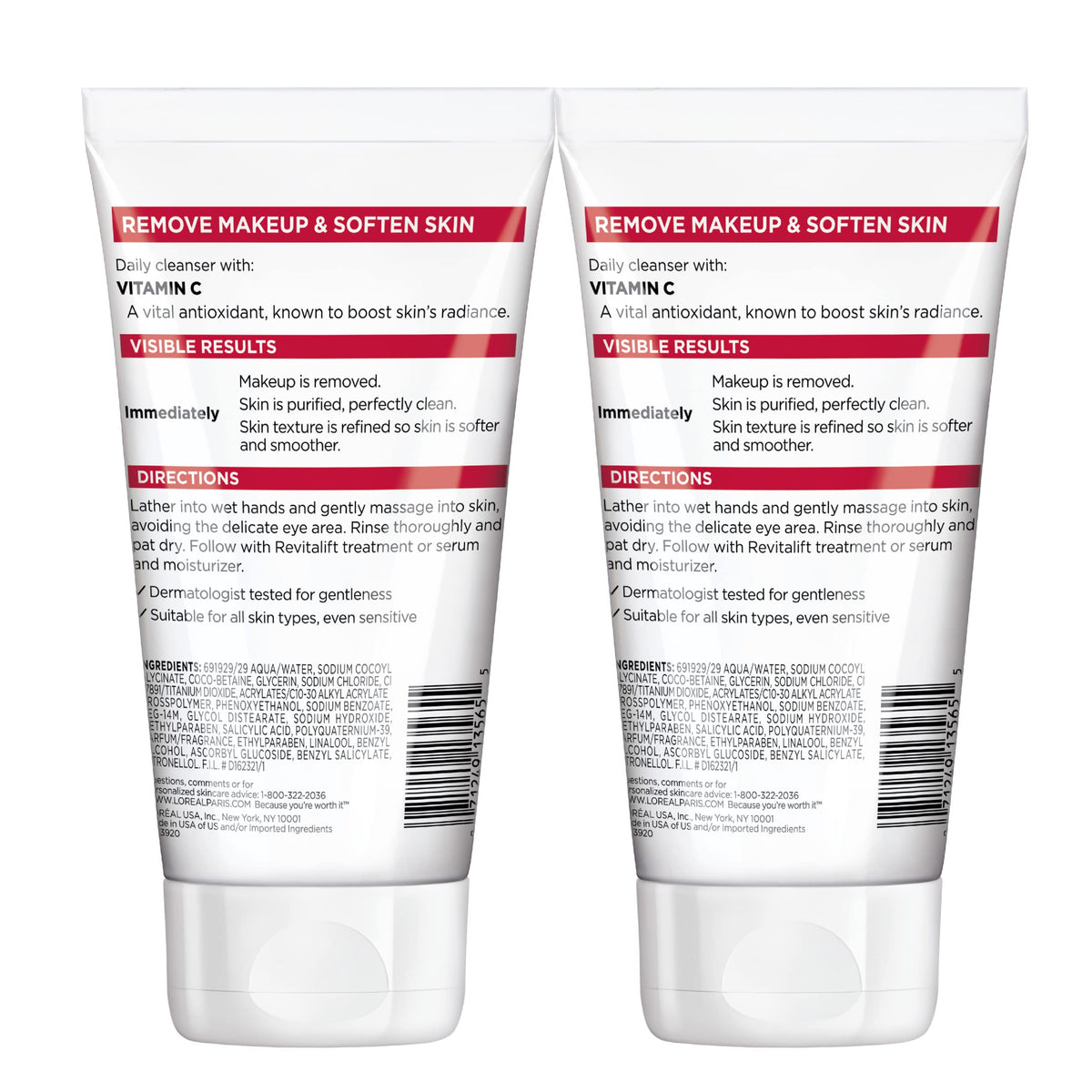 L'Oreal Paris Revitalift Daily Cream Cleanser, Gentle Makeup Remover Face Wash with Vitamin C 5 fl. oz (Pack of 2)