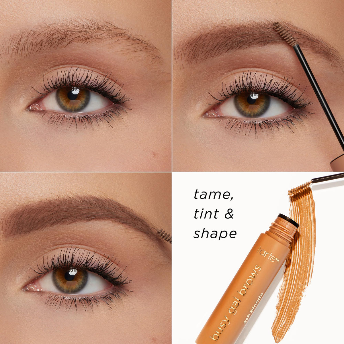 tarte busy gal tinted brow gel – 3-in-1 Waterproof Longwear Eyebrow Gel to Shape, Tint & Set Brows, Infused with Vitamin E, Vegan & Cruelty-Free, full size, med brown