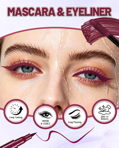 Burgundy Waterproof Mascara Eyeliner, Colored Tubing Mascara Eye Liner Set