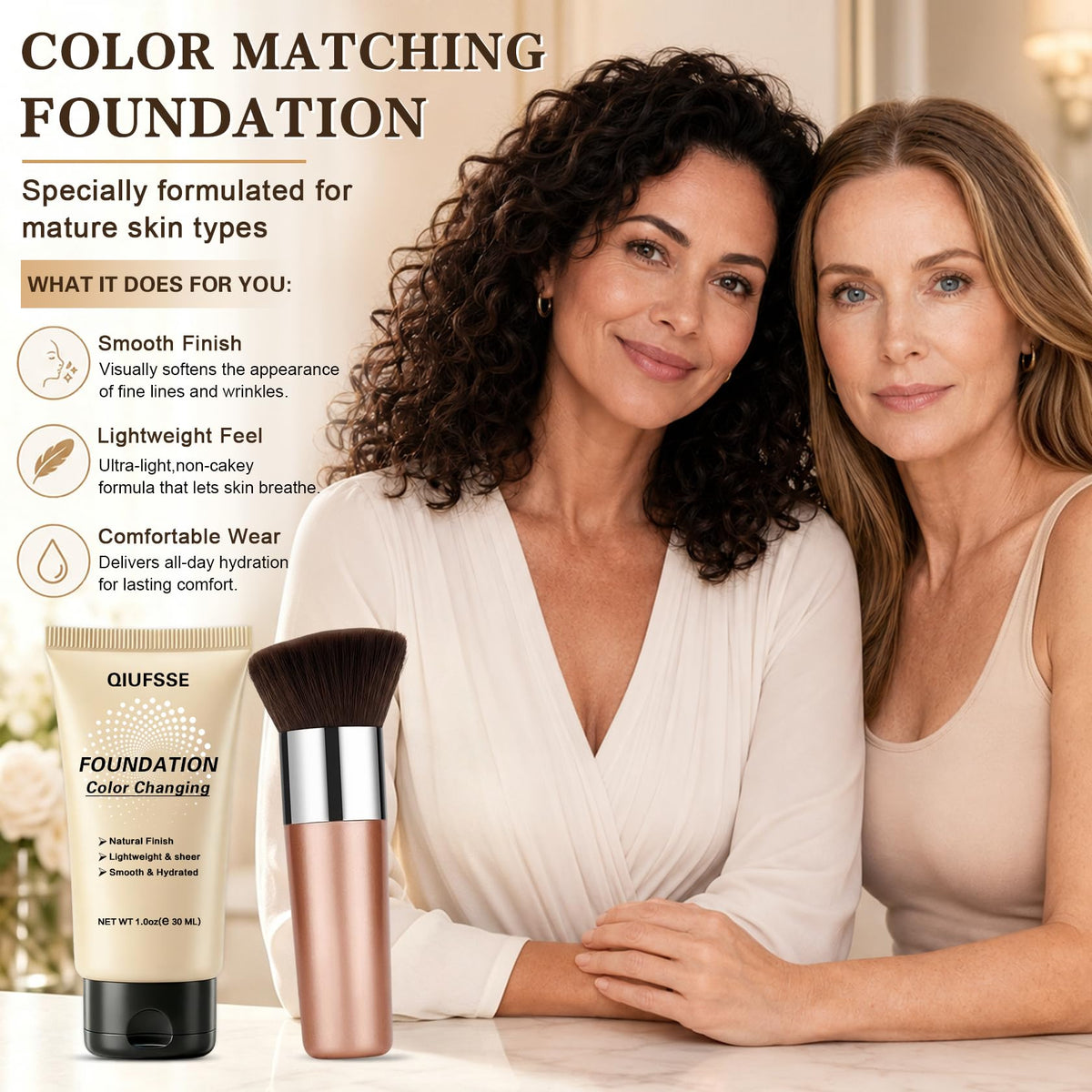 QIUFSSE Color Changing Foundation for Mature Skin,Face Makeup - 02 Medium