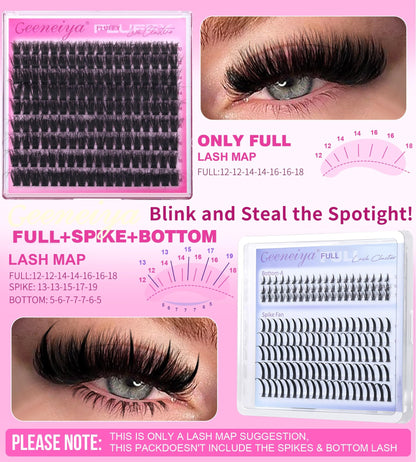 Geeneiya Full Lash Clusters D Curvature Eyelash Clusters Thick Cluster Eyelash Extensions Wispy Individual Lashes Extensions Waterproof Lashes DIY at Home for Beginners with Lash Map