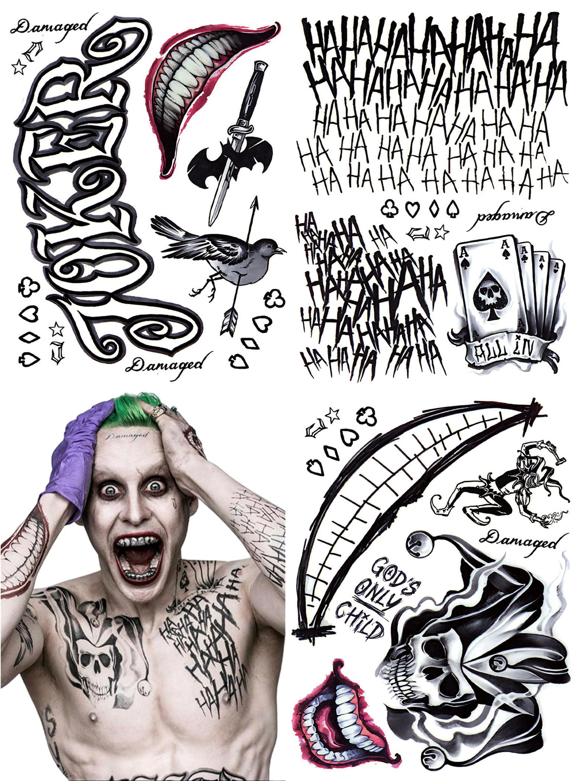 Joker Tattoos Halloween - HAHAHA Damaged JOKER Smile Temporary Tattoos Fake Tattoo Stickers Joker Costume Masquerade Cosplay Party Accessories Makeup Waterproof