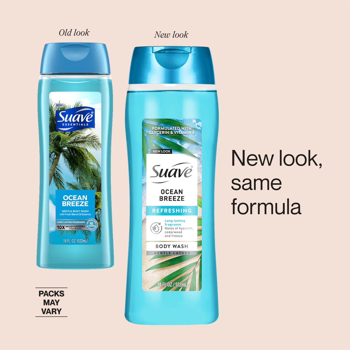 Suave Ocean Breeze Moisturizing Body Wash with Glycerin & Vitamin E, Hydrating Formula For Soft, Smooth Skin, Long Lasting Fragrance, 18 FL OZ