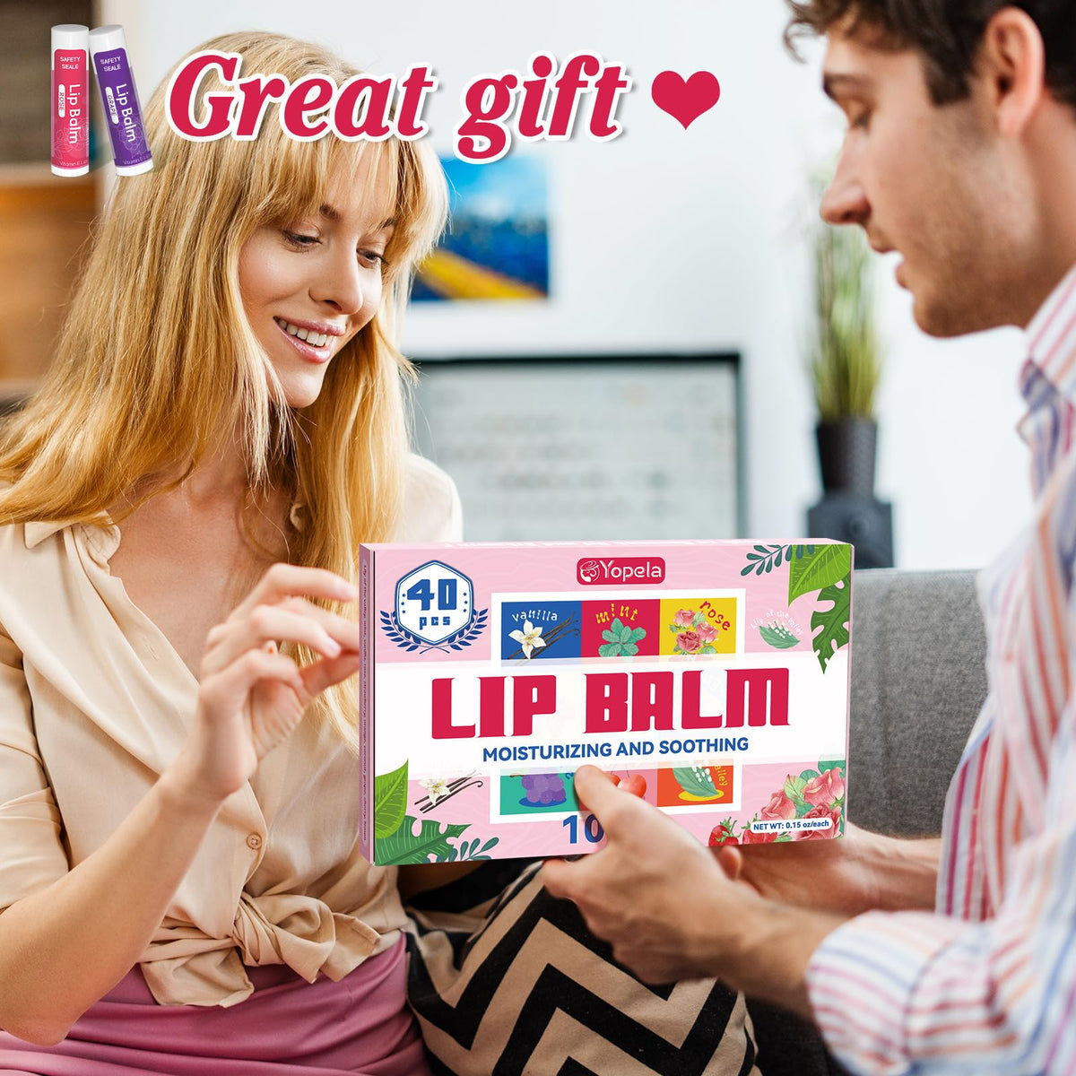 40 Pack Natural Lip Balm Bulk with Vitamin E and Coconut Oil - Moisturizing Dry Cracked Lips, Mini Chap Stick Gifts for Kids Women Men- 10 Flavors, Valentine's Gifts