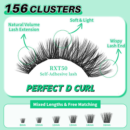 LASHSUN Self Adhesive Wispy Lash Clusters Kit, Mixed Length 8mm-16mm156pcs