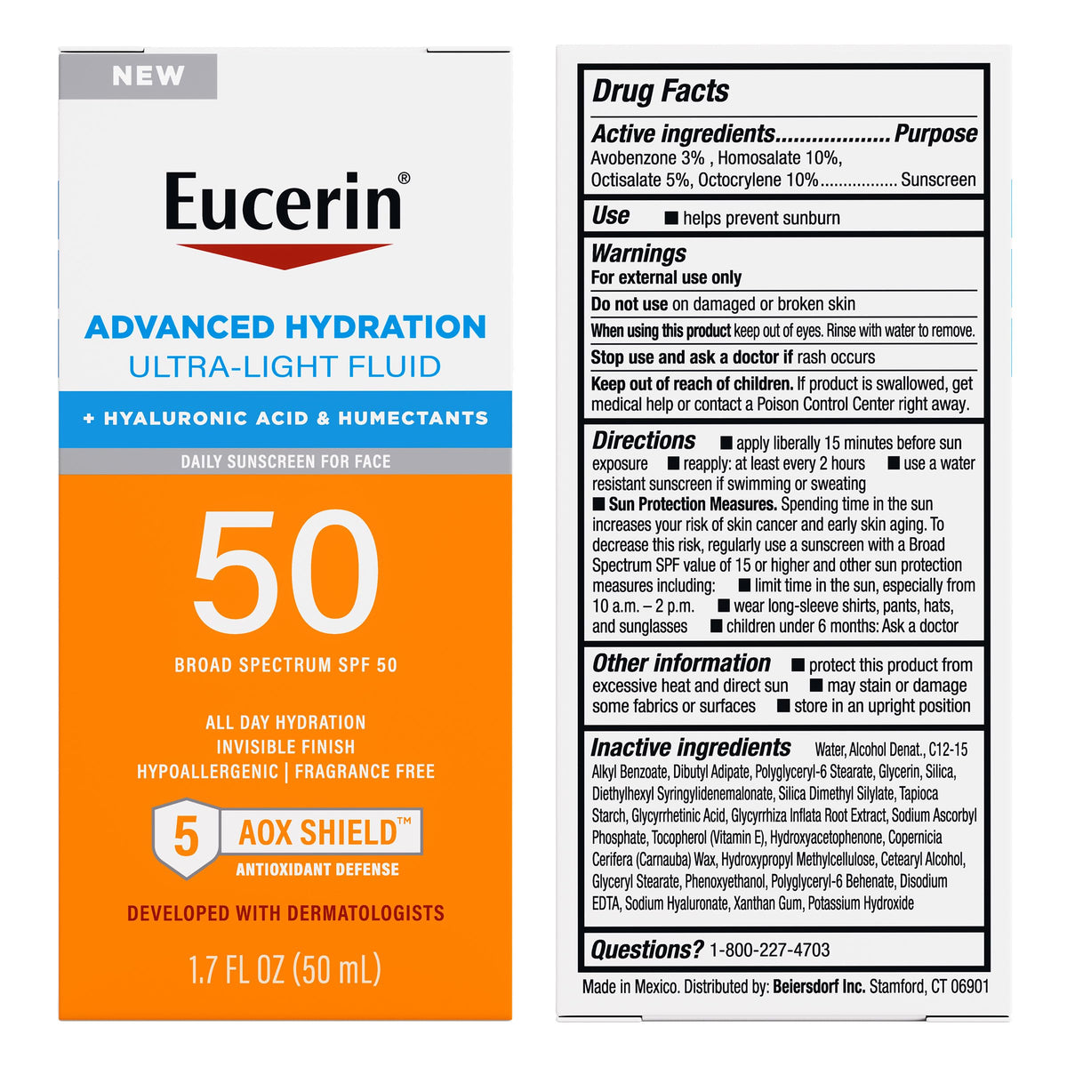 Eucerin Advanced Hydration Face Sunscreen Lotion, SPF 50, 1.7 FL OZ