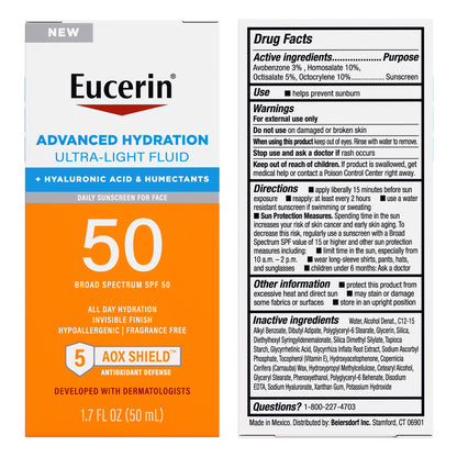 Eucerin Advanced Hydration Face Sunscreen Lotion, SPF 50, 1.7 FL OZ