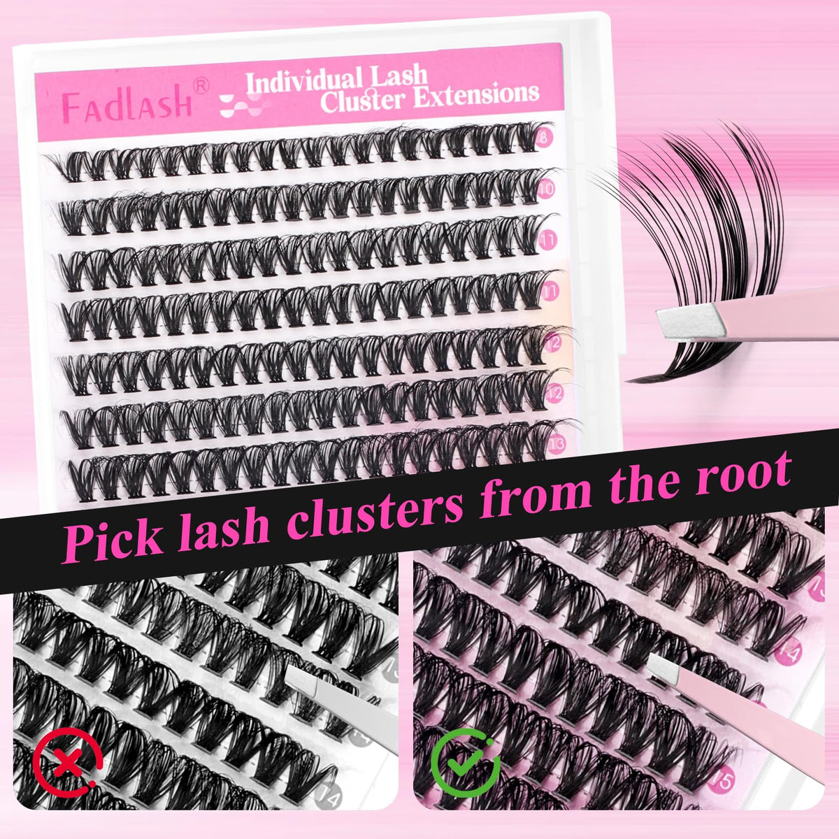FADLASH Lash Clusters Kit 280PCS Natural Eyelash Clusters Individual D Curl Cluster Eyelash Extensions 8-16mm with Lash Bond and Seal Lash Tweezer for Beginners Soft Thin Band (40D-0.07D-8-16mm KIT)