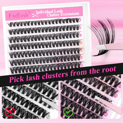 FADLASH Lash Clusters Kit 280PCS Natural Eyelash Clusters Individual D Curl Cluster Eyelash Extensions 8-16mm with Lash Bond and Seal Lash Tweezer for Beginners Soft Thin Band (40D-0.07D-8-16mm KIT)