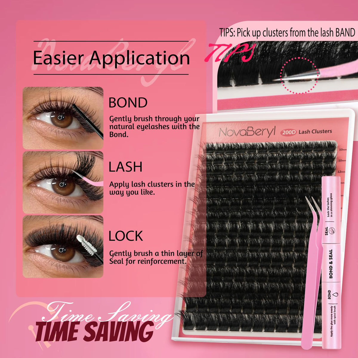 NovaBeryl Lash Clusters Kit, Fluffy 200D Thick Volume Lash Clusters 10–18mm, Individual Fluffy Cluster Lashes with Bond & Seal and Tweezers, DIY Eyelash Extension Kit