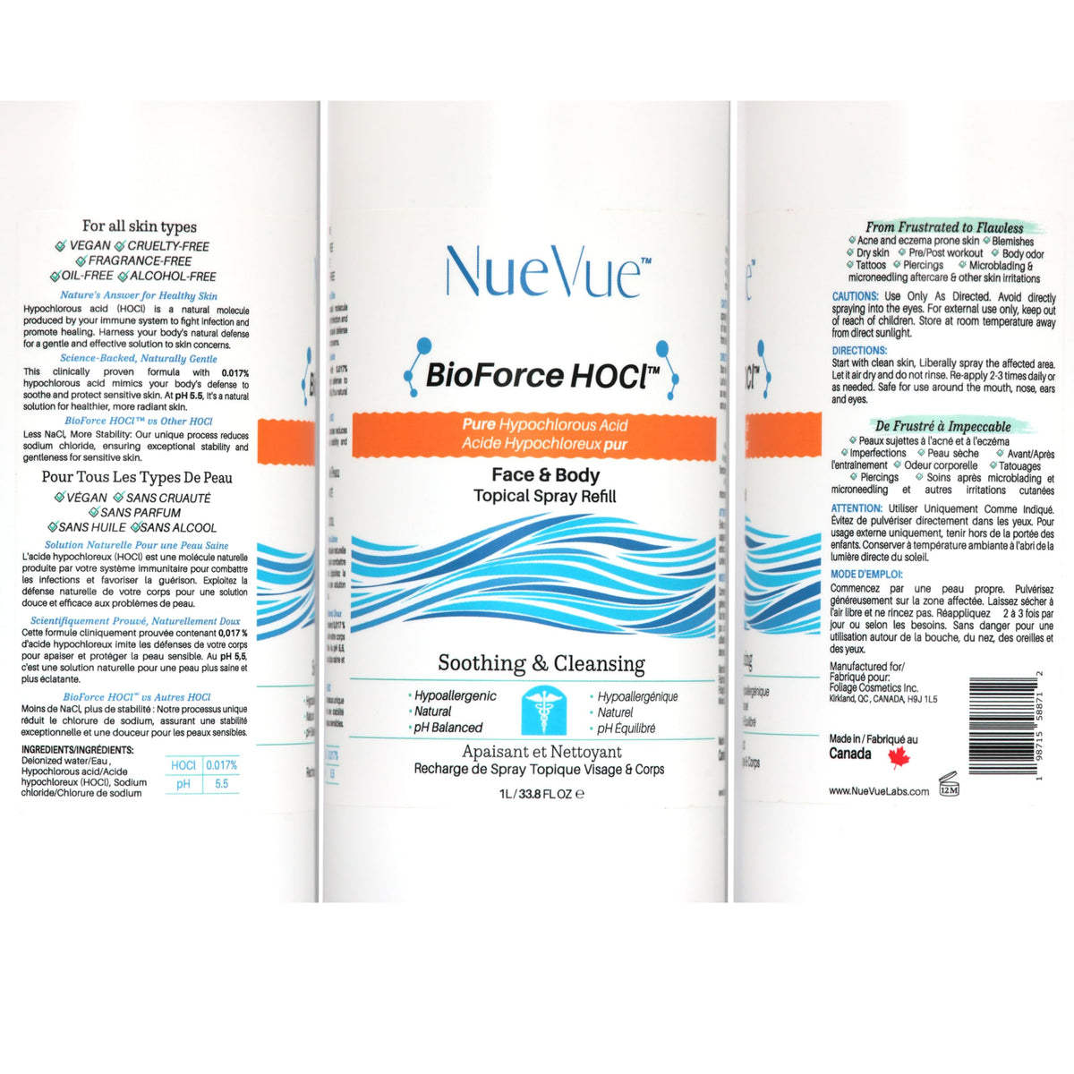 BioForce HOCl Pure Hypochlorous Acid Spray Refill for Face & Body (33 Oz) - Acne-Prone Skin & Eczema, Piercing aftercare, Made in Canada, Gentle Skin Cleanser & Toner, pH Balanced, Non-comedogenic