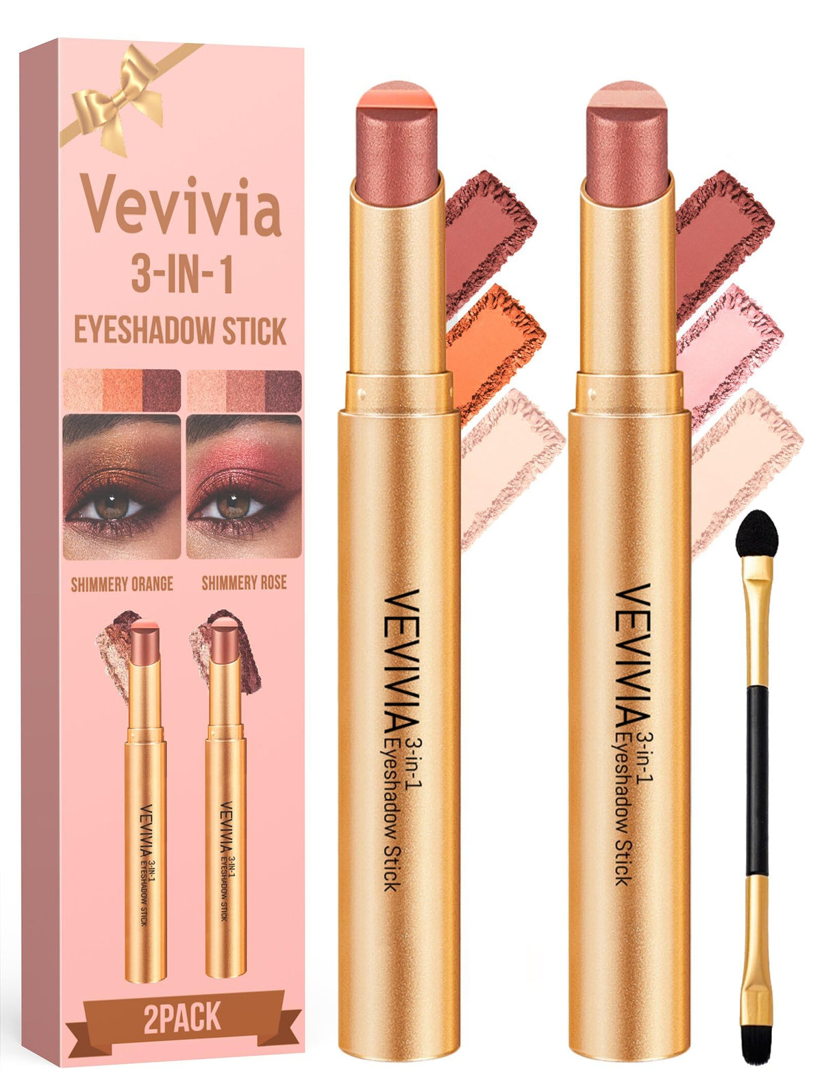 Vevivia 2-Pack 3-Color Eyeshadow Sticks, Waterproof Rose & Orange Shimmer
