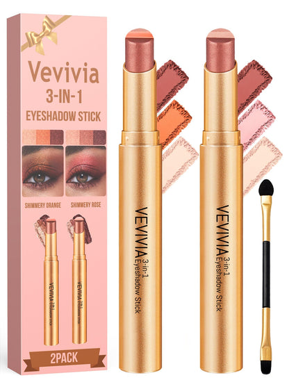 Vevivia 2-Pack 3-Color Eyeshadow Sticks, Waterproof Rose & Orange Shimmer