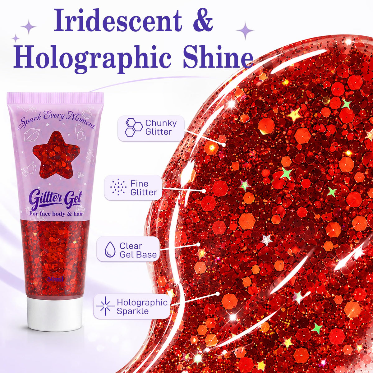 Red Body Glitter Gel for Face, Body and Hair, 50ml