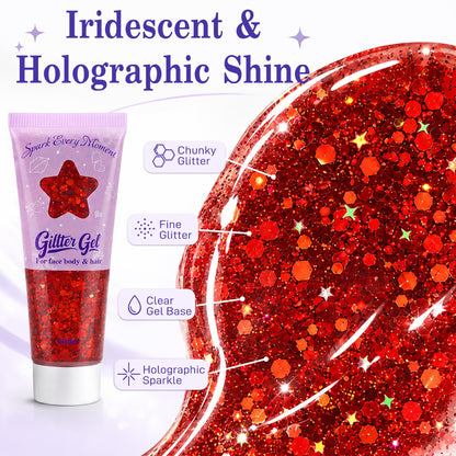 Red Body Glitter Gel for Face, Body and Hair, 50ml