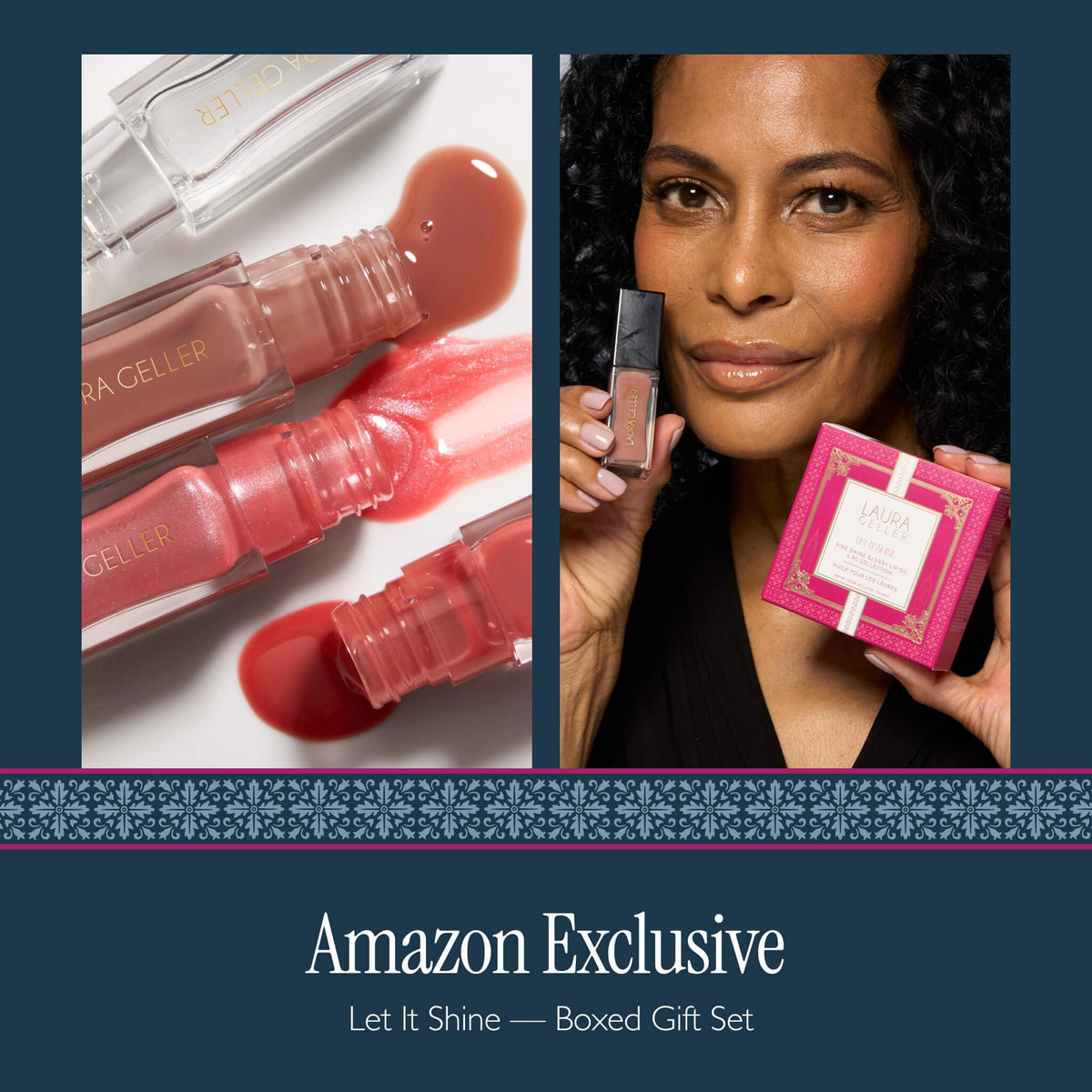 LAURA GELLER Fine Shine Glossy Lip Oil, Hydrating - Glass Half Full, Spiced Chai, Pink Prosecco, Rose Garden