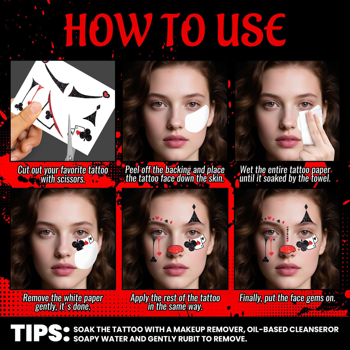 Halloween Clown Face Makeup Temporary Tattoos+Black Red Faces Gems