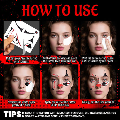 Halloween Clown Face Makeup Temporary Tattoos+Black Red Faces Gems