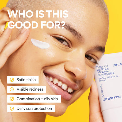 innisfree Daily Mineral UV Defense SPF 45 | Tinted Korean Sunscreen with Zinc Oxide for Redness | Gentle, Hydrating and Lightweight | Available in 2 Pack