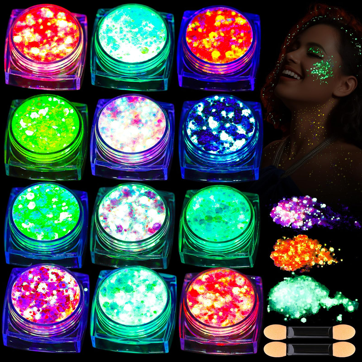 Teenitor 12 Colors Glow in The Dark Glitter Gel, Face Glitter Body Glitter Gel Hair Glitter for UV Black Light Carnival Makeup Raves Festivals