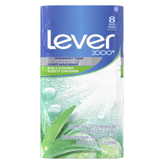 Lever 2000 Refreshing Body Soap and Facial Cleanser Aloe & Cucumber Effectively Washes Away Bacteria 4 oz 8 Bars