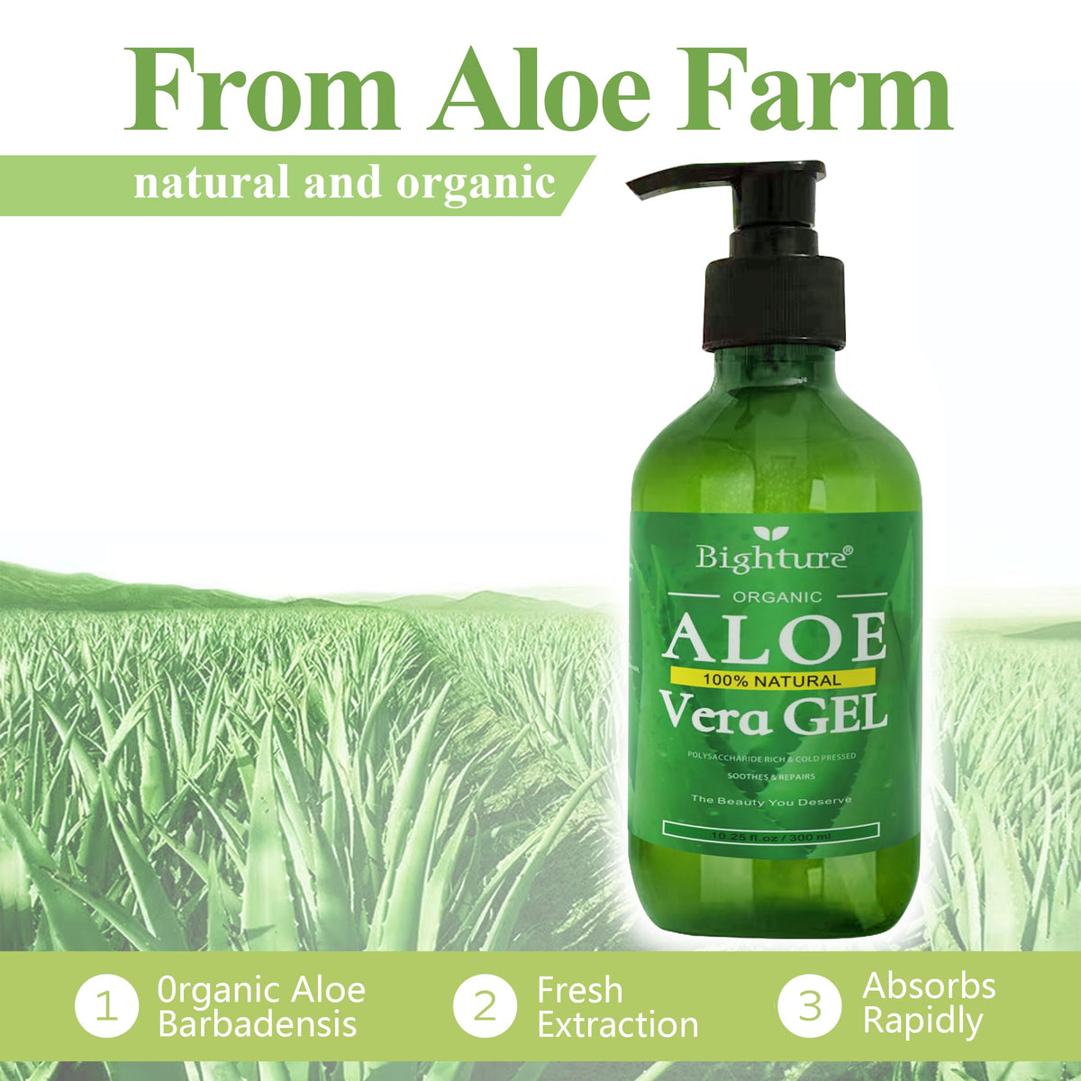 BIGHTURE Aloe Vera Gel, 100% Aloe Vera from Freshly Cut Aloe Leaves, Skin Care for Deeply & Rapidly Soothing, Firming, After Shave, Sunburn Relieve, etc