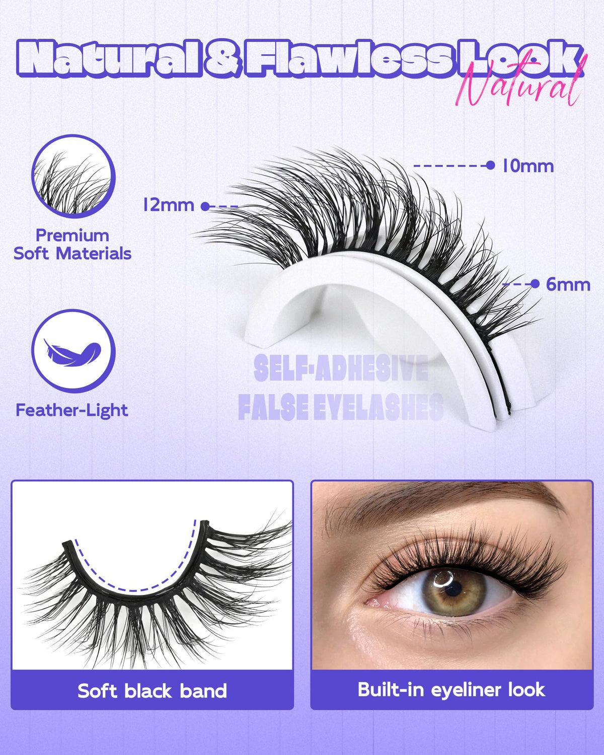 LZM Pre-glued Self Adhesive Eyelashes, No Glue Eyelashes Lashes 12mm 6D28