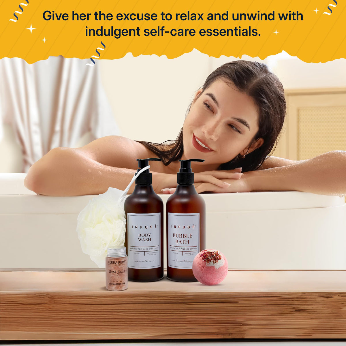 INFUSÉ 10-Piece Spa Gift Box for Women | Self-Care Set with Eye Mask, Loofa, Bath Bombs, Face Masks, Bubble Bath, Lotion, Body Wash & Bath Salts | Perfect Gift for Mom, Grandma, Wife, or Loved Ones