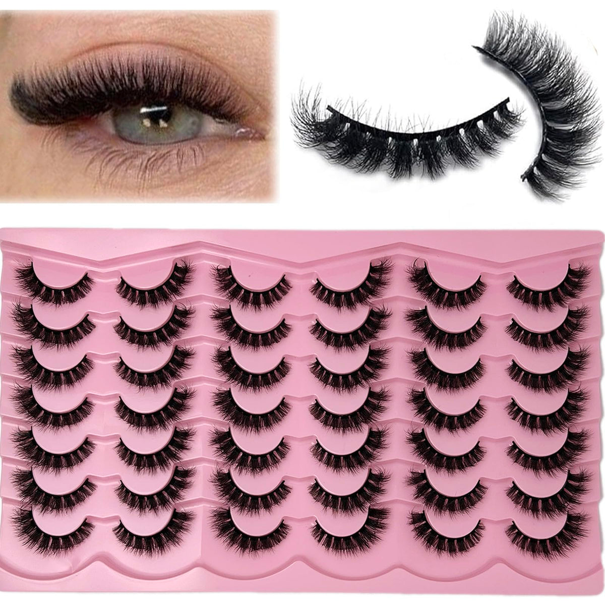 etokdos Short Fluffy Lashes Cat Eye 21 Pairs Natural False Strips Lashes Pack Wispy 3D Faux Mink Eyelashes