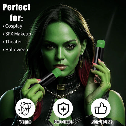 Drawdart Witch Green Face Body Paint Stick, St. Patrick's Day Face Paint Makeup Accessories, Full-Coverage Hypoallergenic Camo Hulk Hunting FacePaint, Halloween SFX Cosplay Costume Party Green Makeup