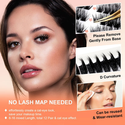 SOFENIDA Lash Clusters 80D Cluster Eyelash Extensions 8-16mm Cat Eye Wispy Eyelash Clusters 12 Pairs D Curvature Eyelash Clusters Left & Right Diy Lash Extension at Home