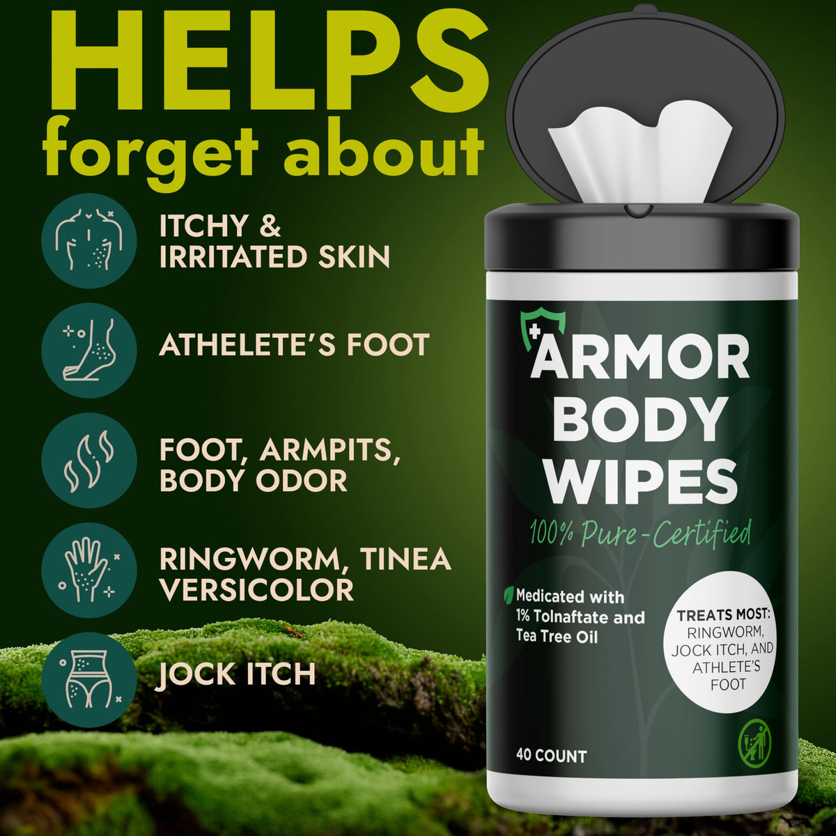 Body Wipes with 1% Tolnaftate for Ringworm, Jock Itch & Athlete's Foot