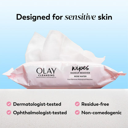 Olay Cleanse Makeup Remover Wipes, Rose Water Scent, Facial Cleansing Wipes Remove Makeup Dirt & Oil, Removes Waterproof Mascara, Soft Cloths for Eyes Face & Neck, No Greasy Residue, 25 Count, 3-Pack