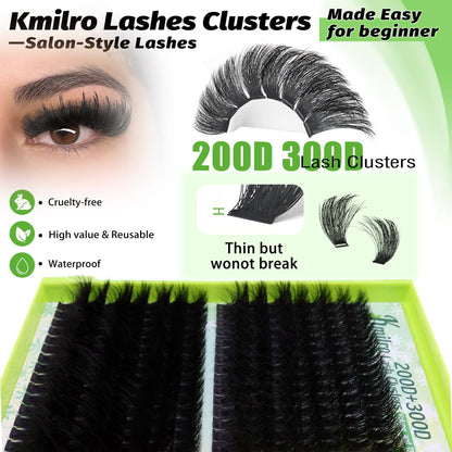 Kmilro Lash Clusters 200D+300D Eyelash Clusters 12-20mm Thick Volume Lash Extensions Wispy Individual Cluster Lashes DIY Eyelash Extensions Dramatic Full Look Salon Style False Eyelashes