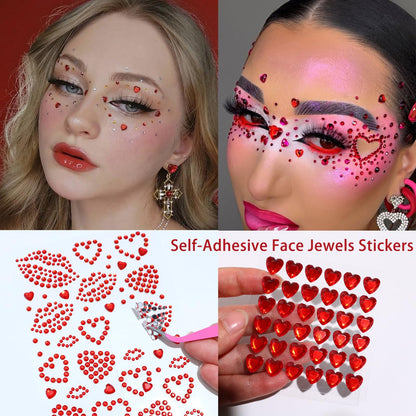 Red Heart Kiss Face Gems Self-Adhesive Rhinestone Red Lip Hair Gems Valentine's Day Face Jewels Stickers On for Rave Accessories Makeup Concerts