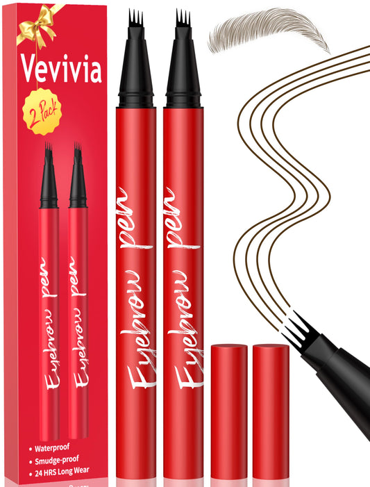 Vevivia Beauty Eyebrow Pencils for Women - Eyebrow Pen 2 Pack, Precise 4-Tip Brow Pencil for Natural-Looking Fuller Brows, Hair-Like Strokes for All Brow Types, Last All-Day Brow Pen, Dark Brown