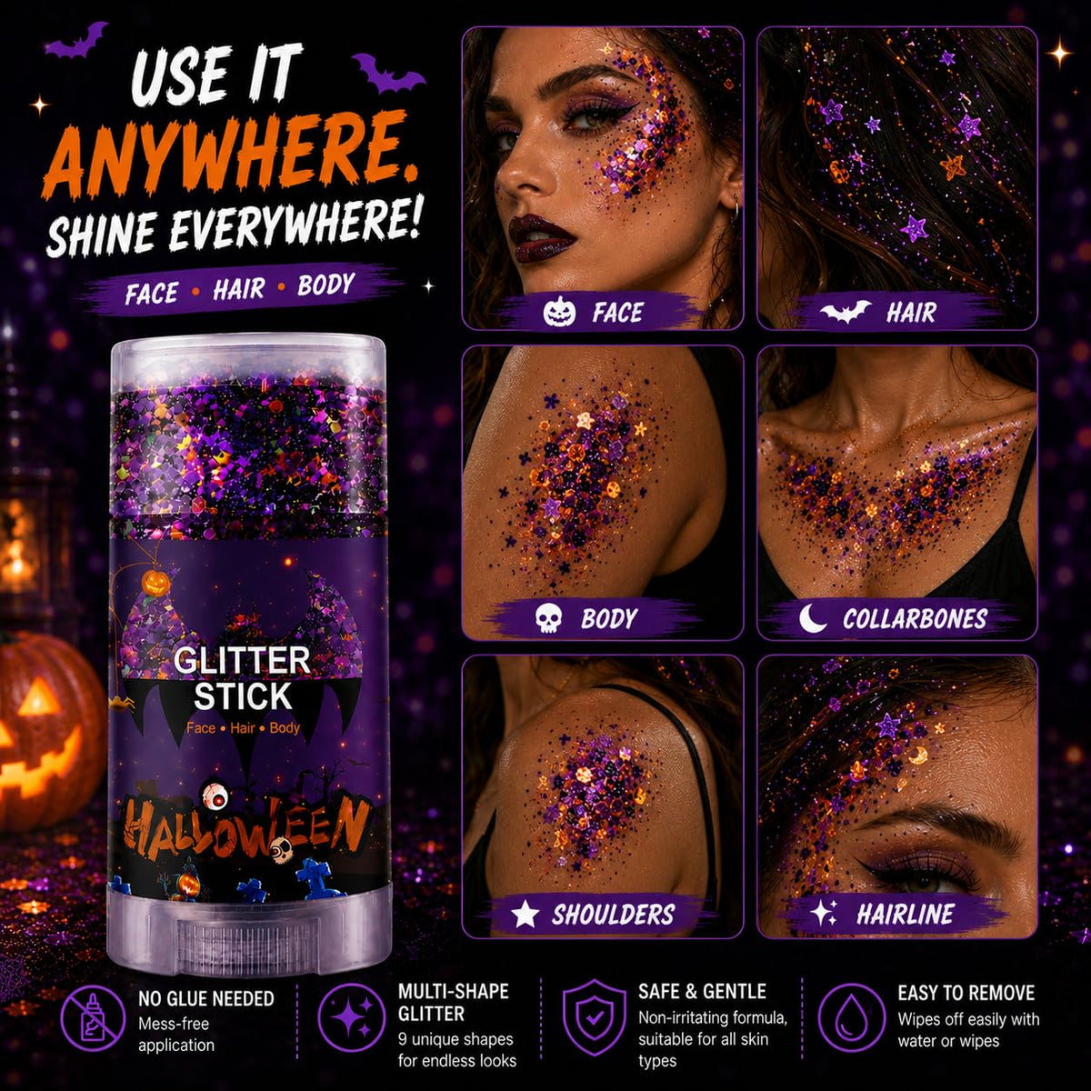 Halloween Body Glitter Stick, Black Orange Purple Sequin Hair Glitter Gel