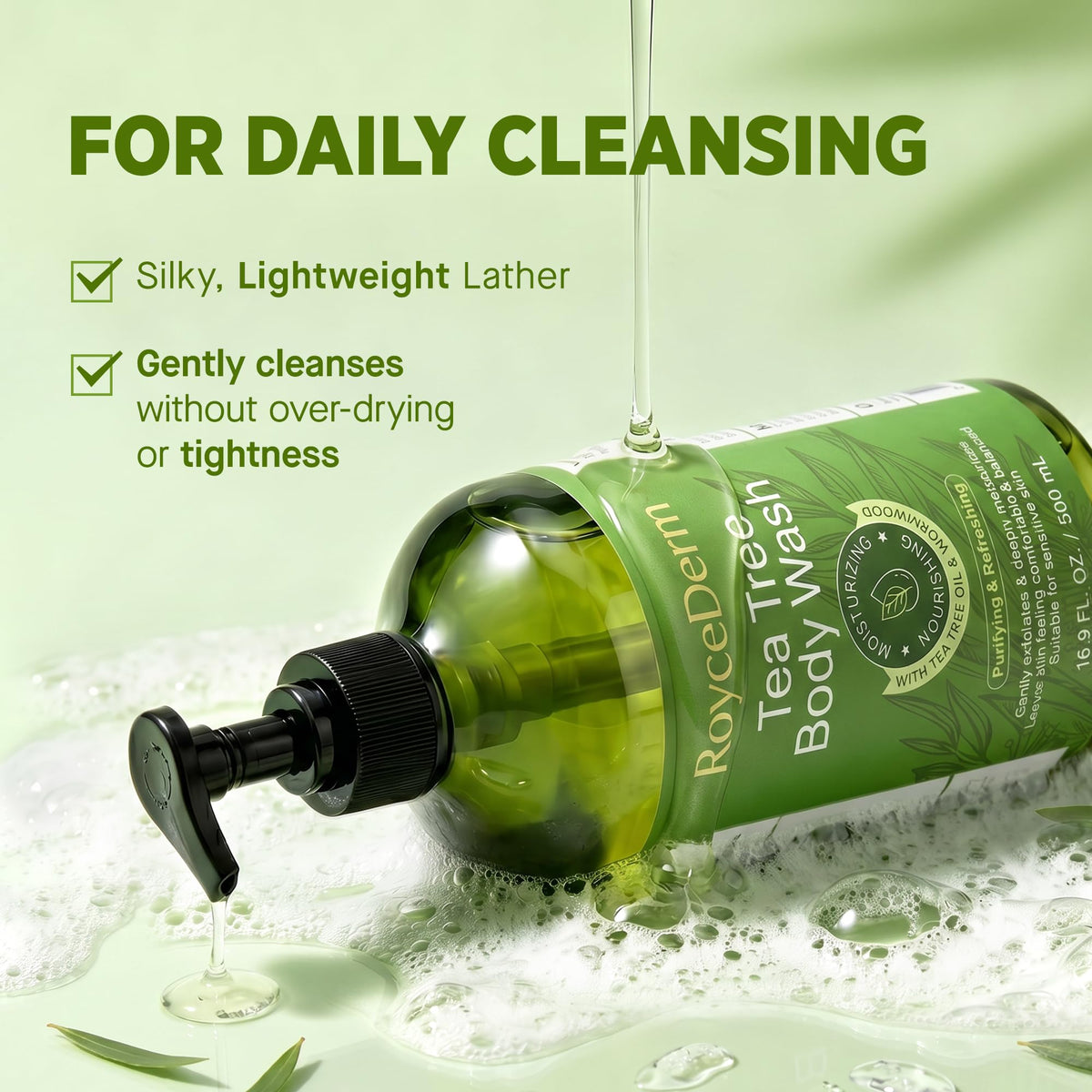 Roycederm Tea Tree Body Wash & Soap, Purifying and Refreshing Body Cleanser with Tea Tree Oil & Wormwood, Moisturizing Body Wash Helps Soothe Skin, Suitable for Men and Women, 16.9 Fl Oz