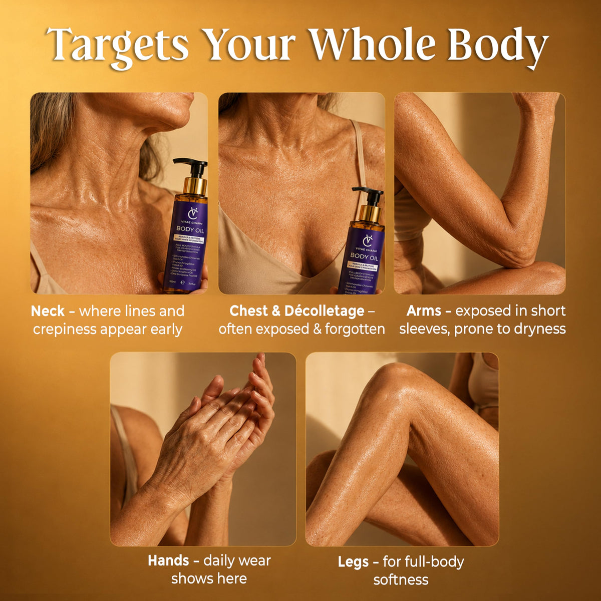vitae charm Body Oil for Crepey, Dry & Mature Skin | 3.4 fl oz | 9 Oils Mix